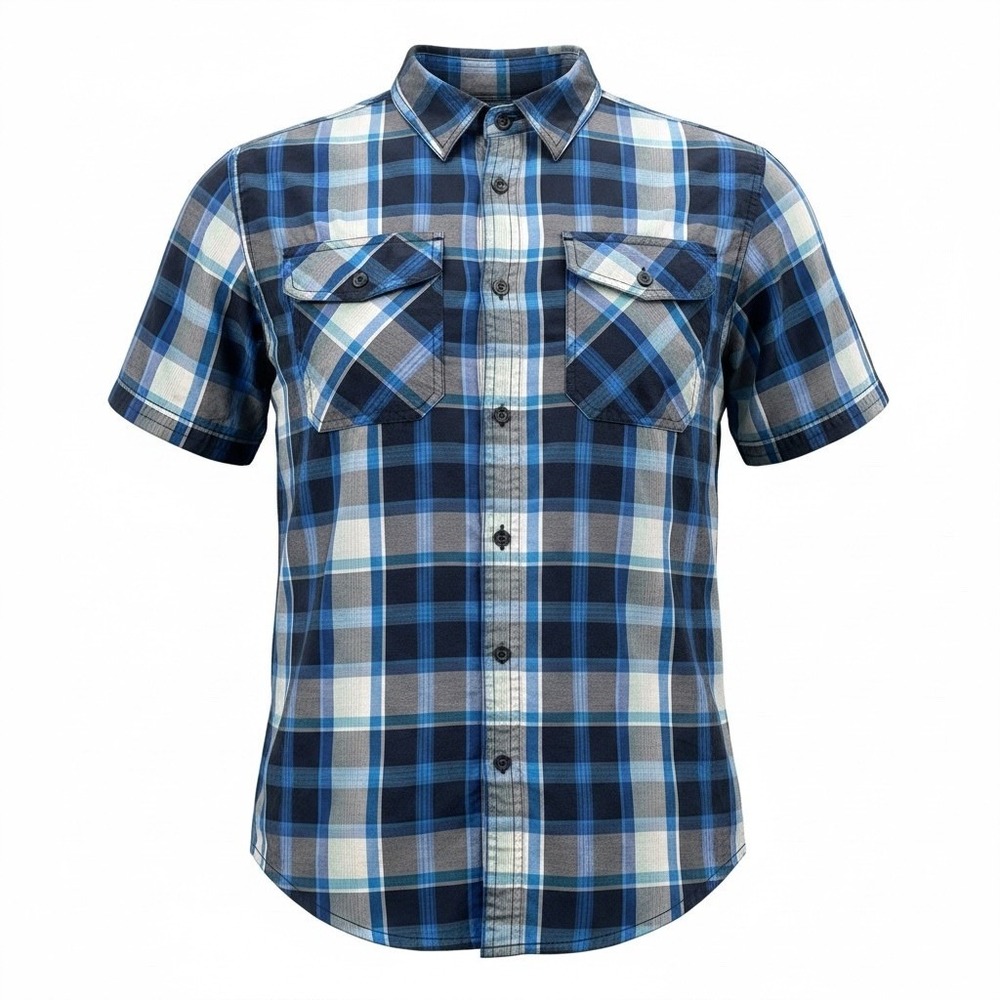 Prana Button Down Shirt Mens Large Blue Plaid Short Sleeve Organic Cotton
